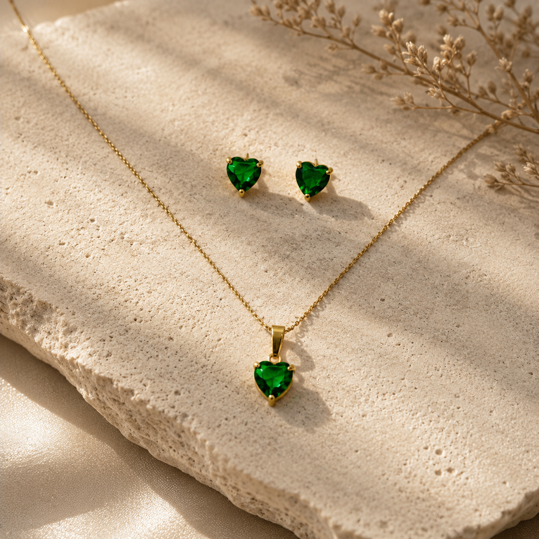 Emerald Heart Necklace & Earring Set – 18K Gold Plated