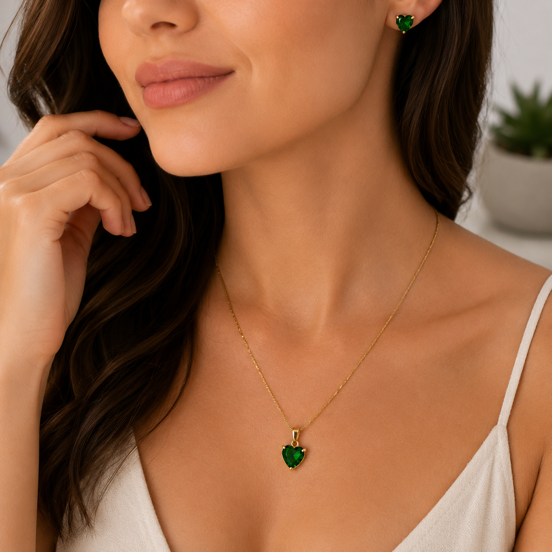 Emerald Heart Necklace & Earring Set – 18K Gold Plated
