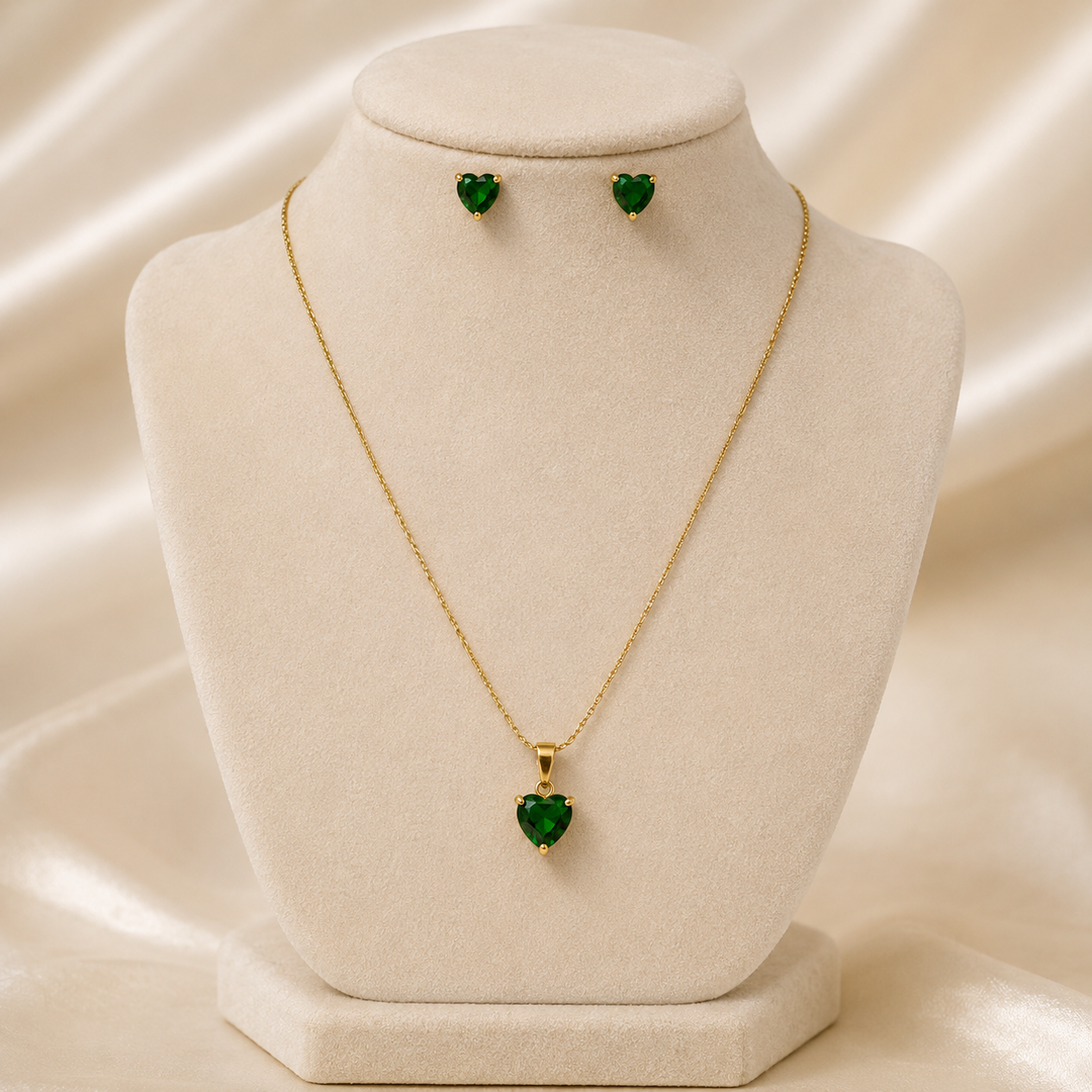 Emerald Heart Necklace & Earring Set – 18K Gold Plated