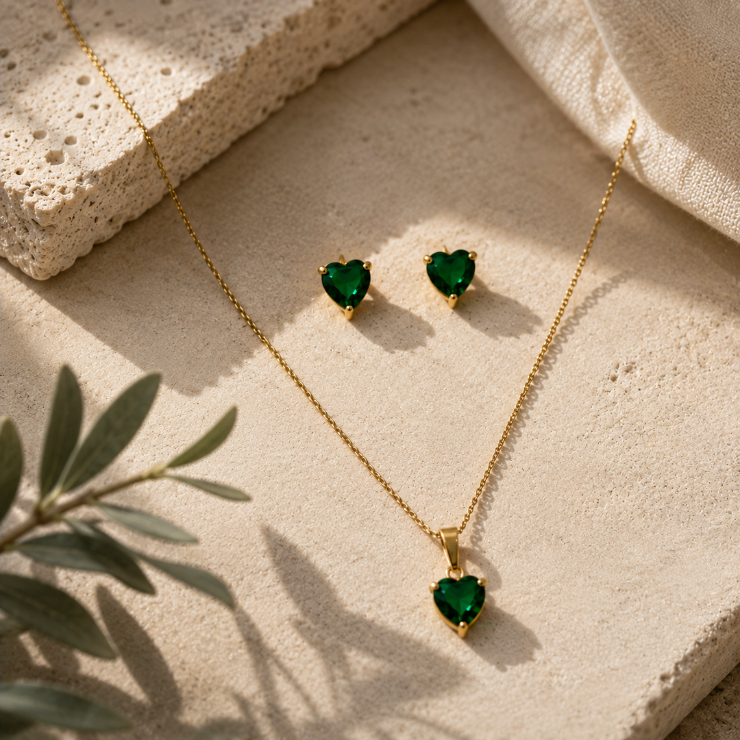 Emerald Heart Necklace & Earring Set – 18K Gold Plated