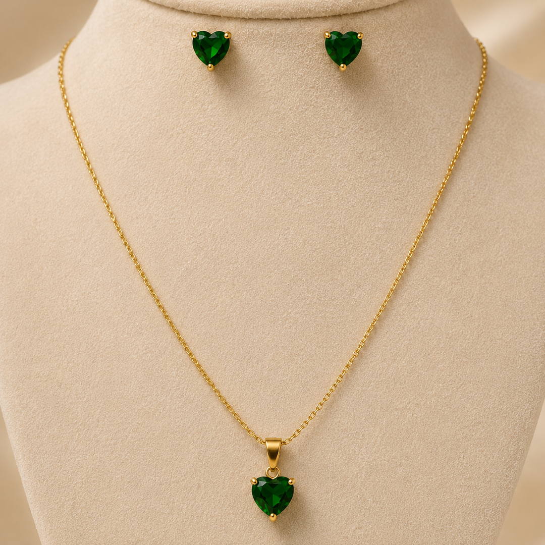 Emerald Heart Necklace & Earring Set – 18K Gold Plated