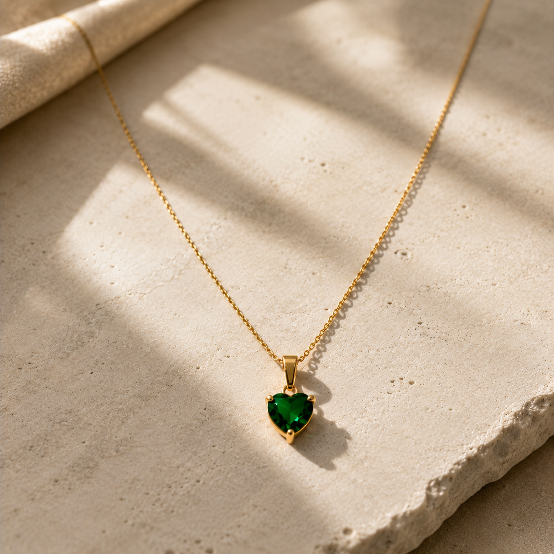 Emerald Heart Necklace & Earring Set – 18K Gold Plated