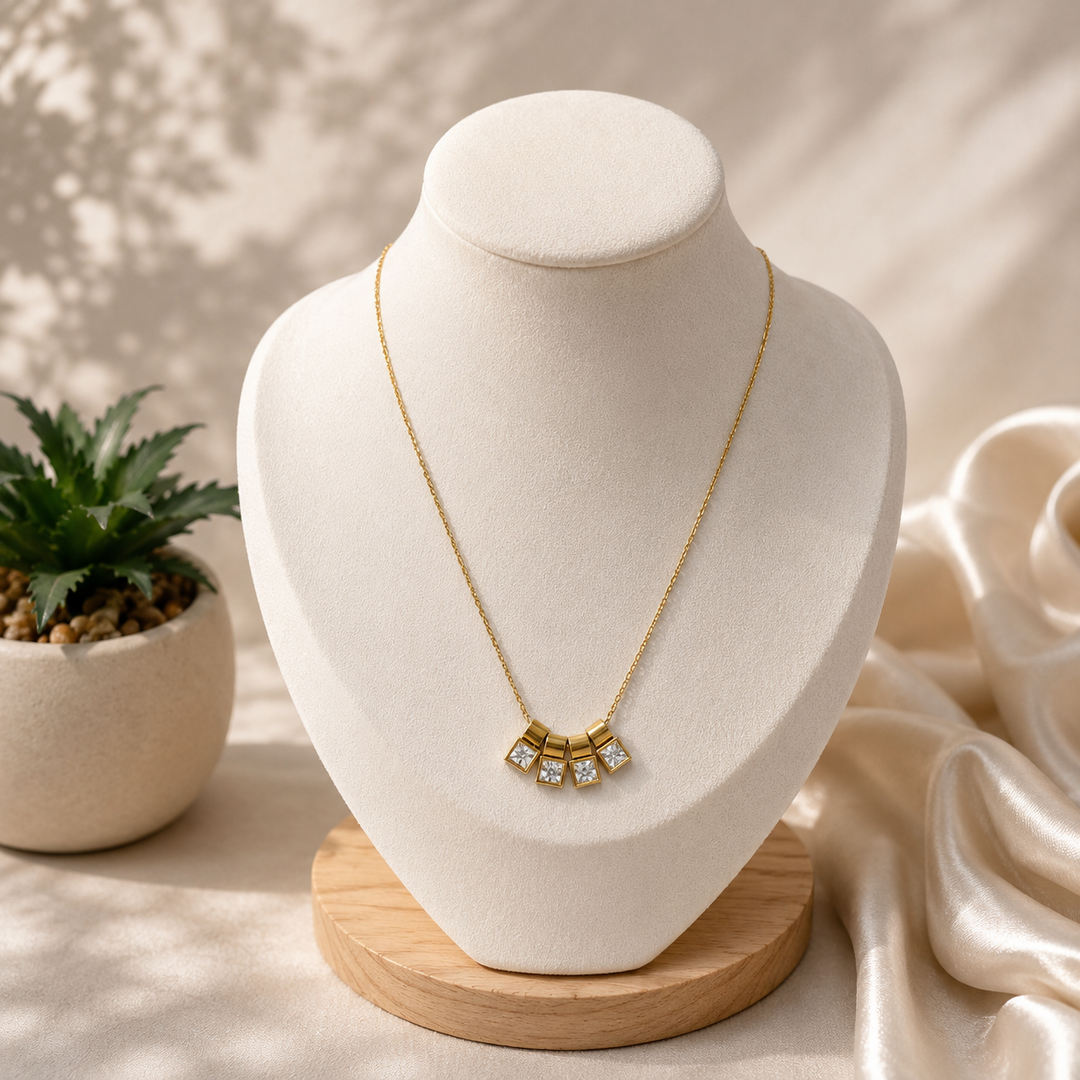 Geometric Crystal Bar Necklace – 18K Gold Plated