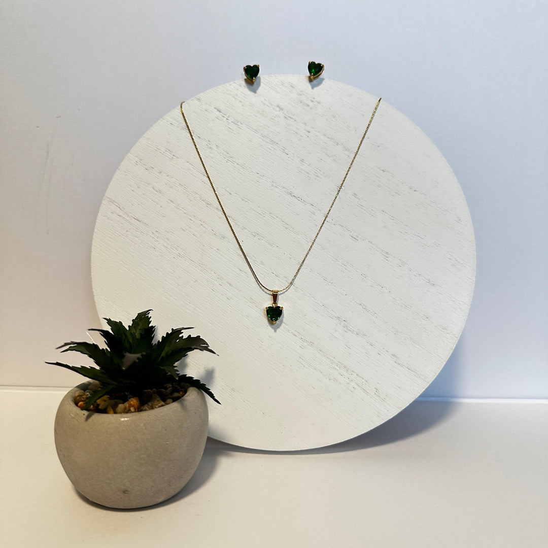 Emerald Heart Necklace & Earring Set – 18K Gold Plated