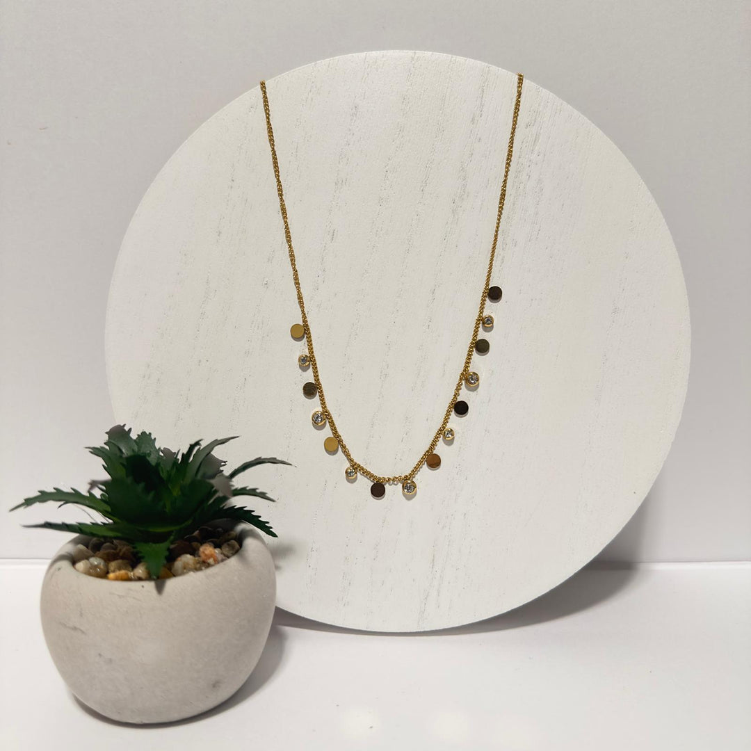 Gold Disc & Crystal Charm Necklace – 18K Gold Plated